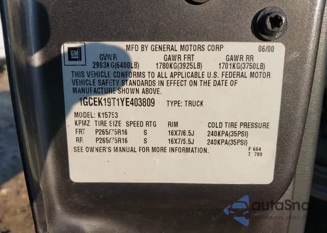 2000 Chevrolet Silverado 1500 Ls from USA, damaged, VIN 1GCEK19T1YE403809